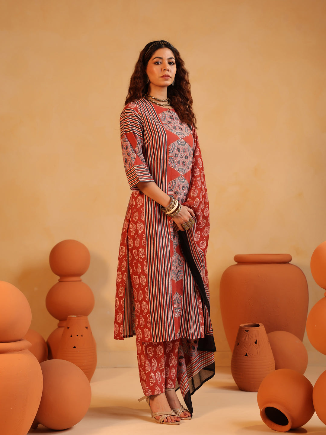 Gulnaar | Red Ajrakh Cotton Suit Set