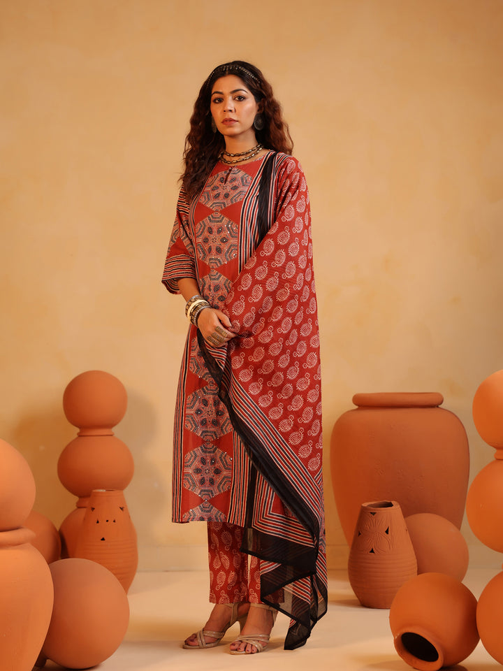 Gulnaar | Red Ajrakh Cotton Suit Set