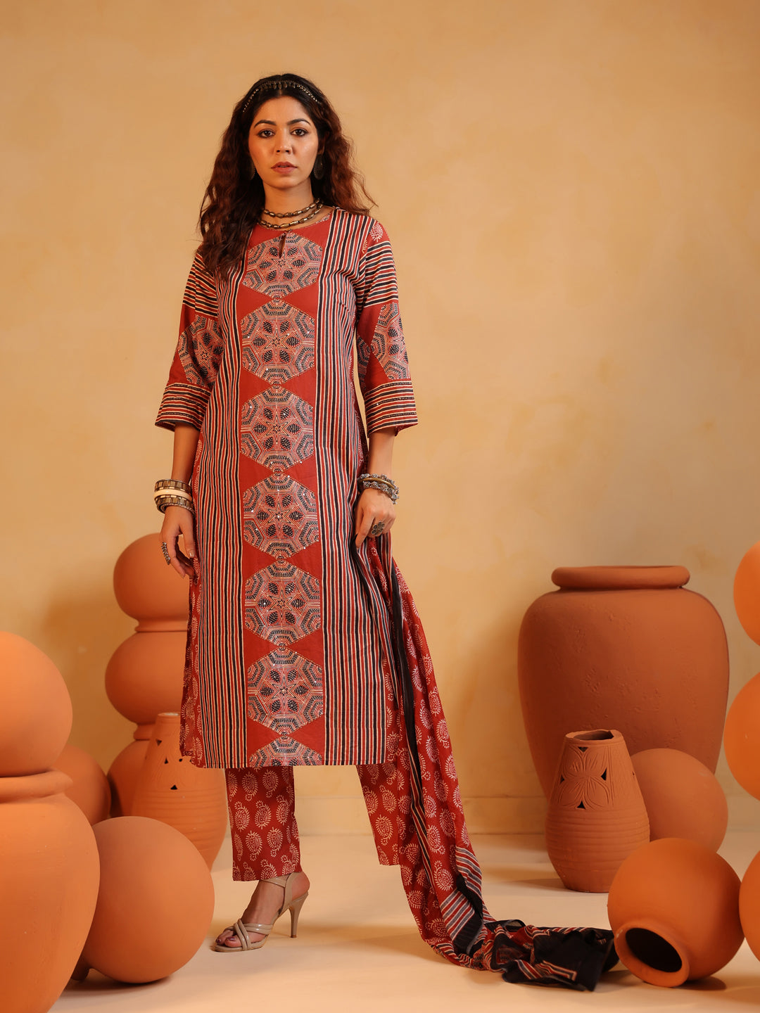 Gulnaar | Red Ajrakh Cotton Suit Set