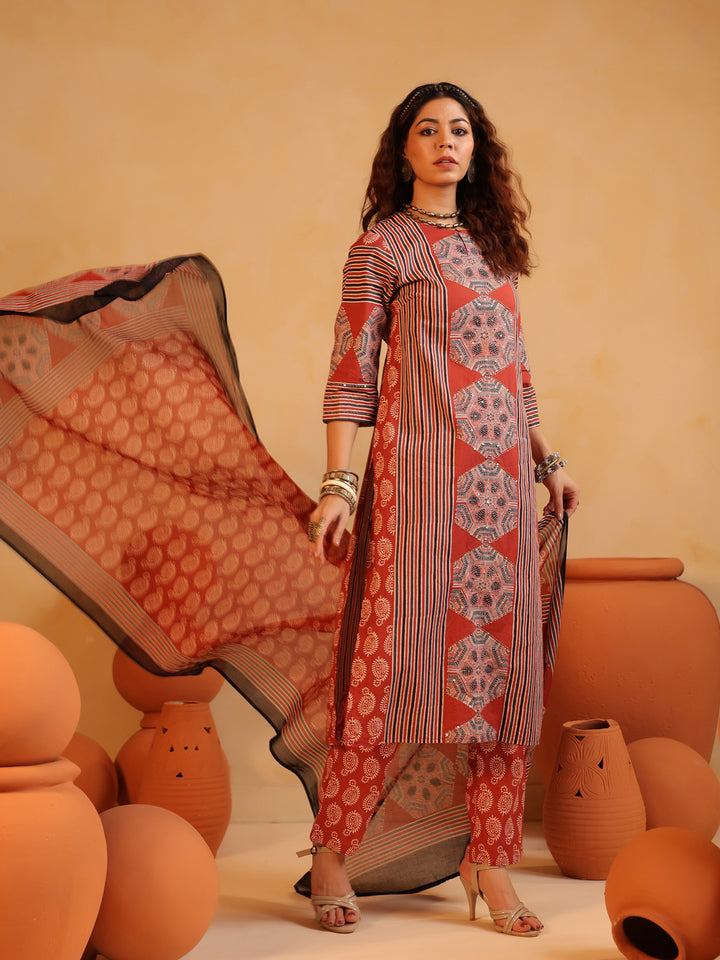 Gulnaar | Red Ajrakh Cotton Suit Set