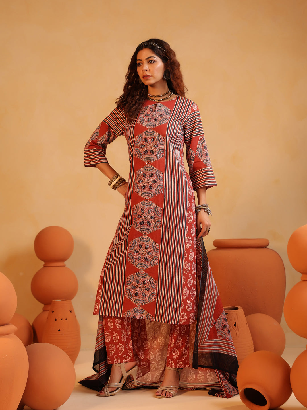 Gulnaar | Red Ajrakh Cotton Suit Set