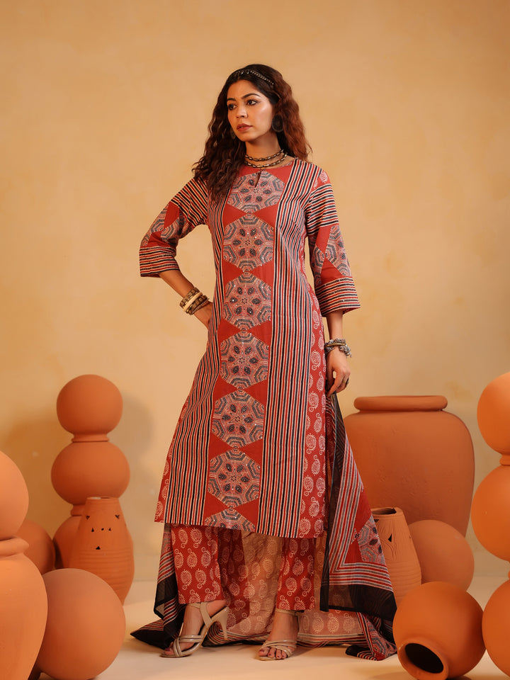 Gulnaar | Red Ajrakh Cotton Suit Set