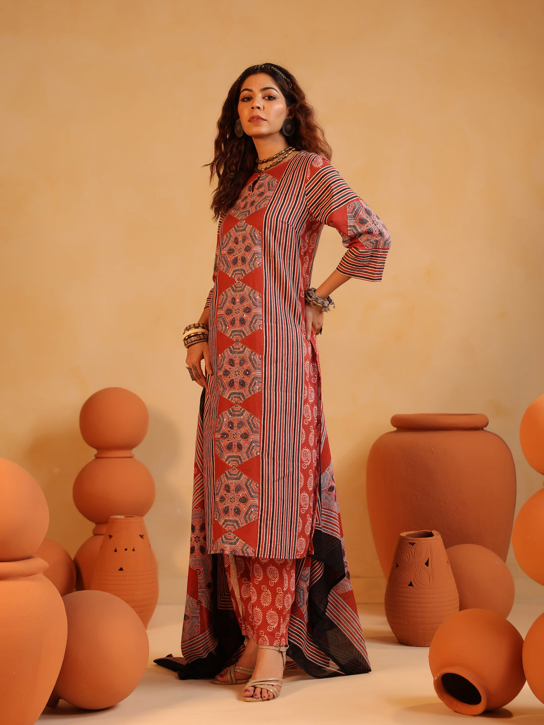 Gulnaar | Red Ajrakh Cotton Suit Set