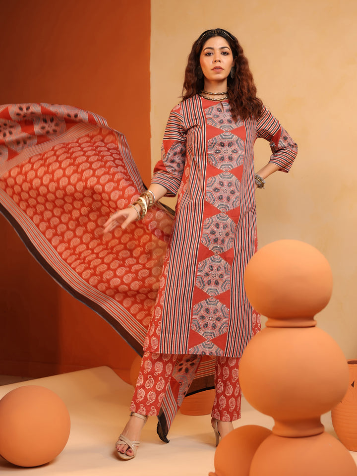 Gulnaar | Red Ajrakh Cotton Suit Set