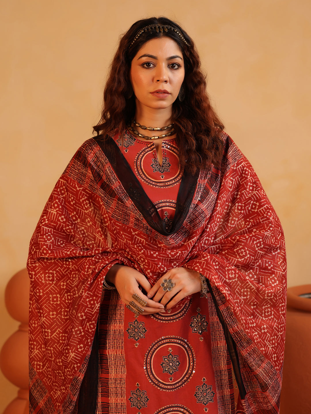 Surkh Abha Ajrakh Suit Set
