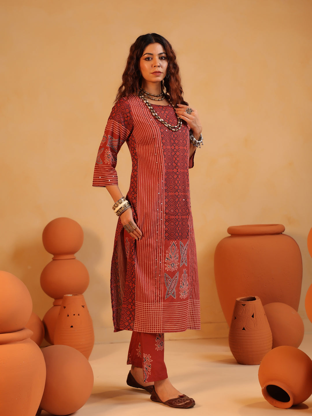Basant Raag | Terracotta Ajrakh Cotton Suit Set