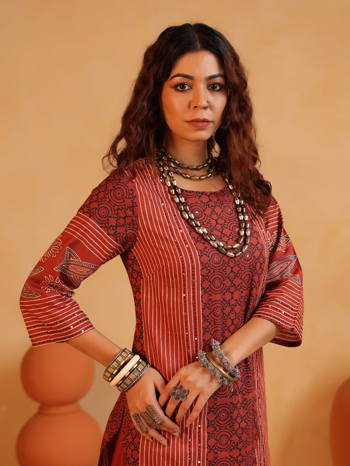 Basant Raag | Terracotta Ajrakh Cotton Suit Set