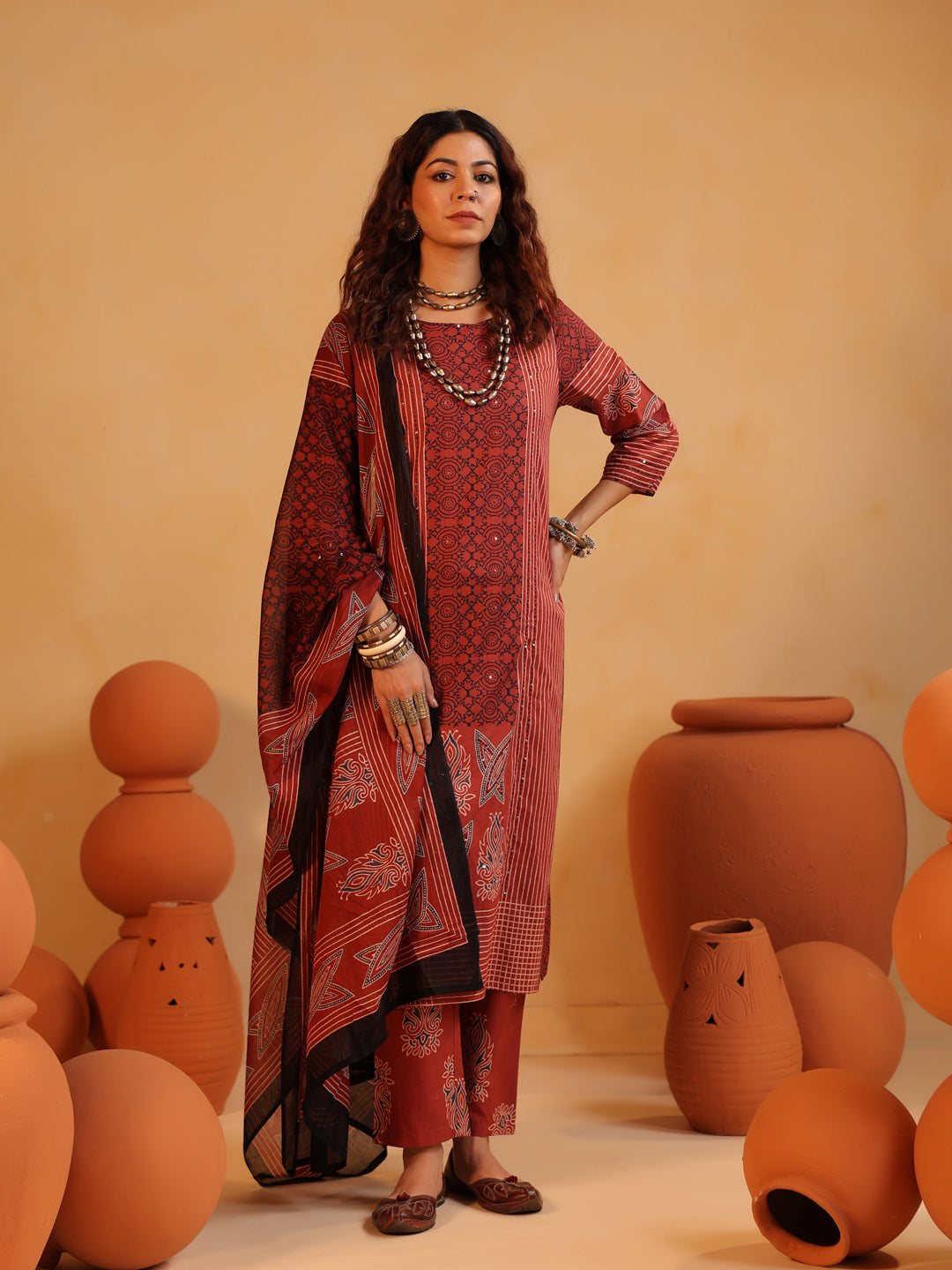 Basant Raag | Terracotta Ajrakh Cotton Suit Set