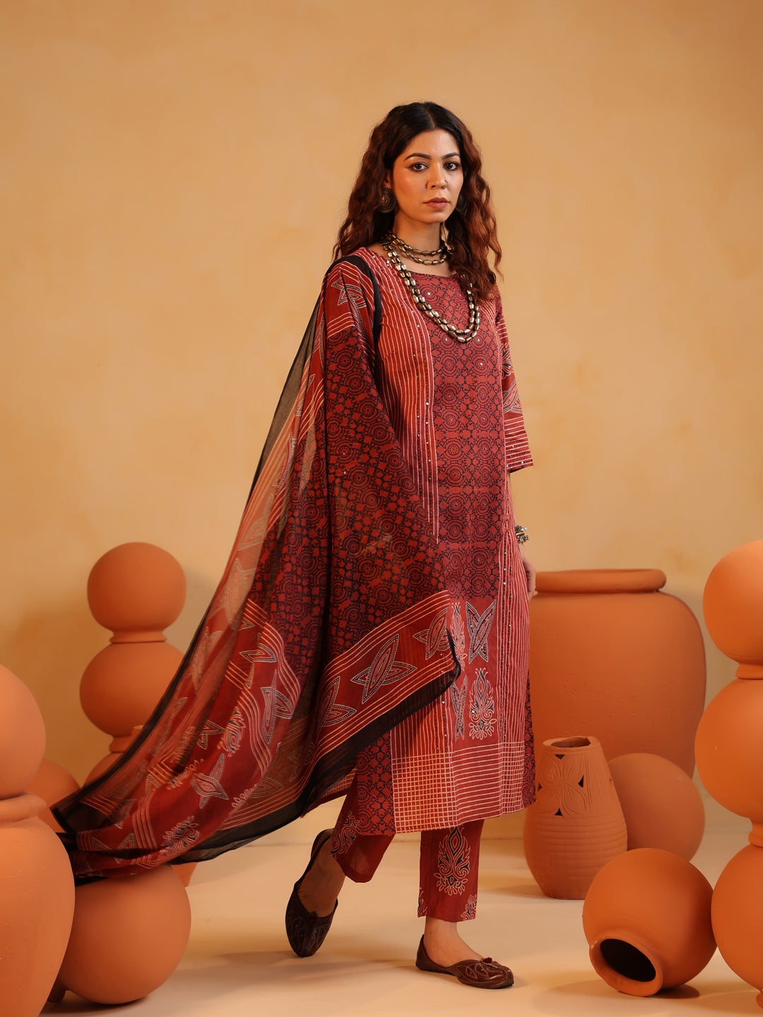 Basant Raag | Terracotta Ajrakh Cotton Suit Set