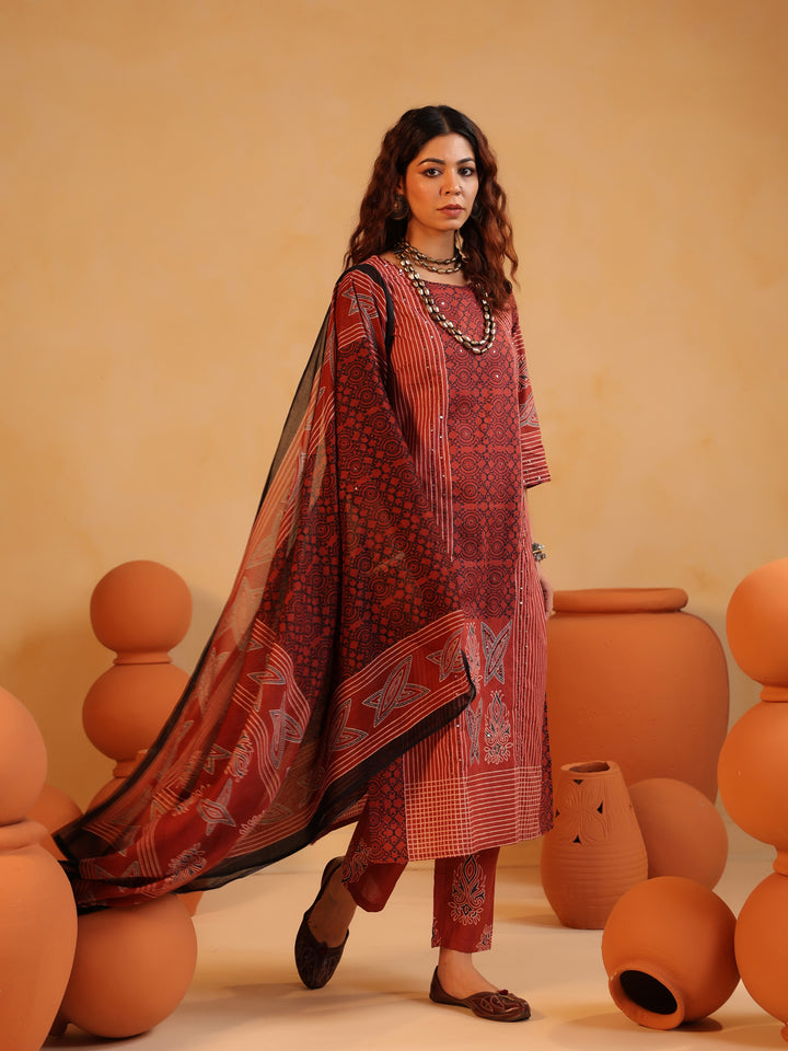 Basant Raag | Terracotta Ajrakh Cotton Suit Set