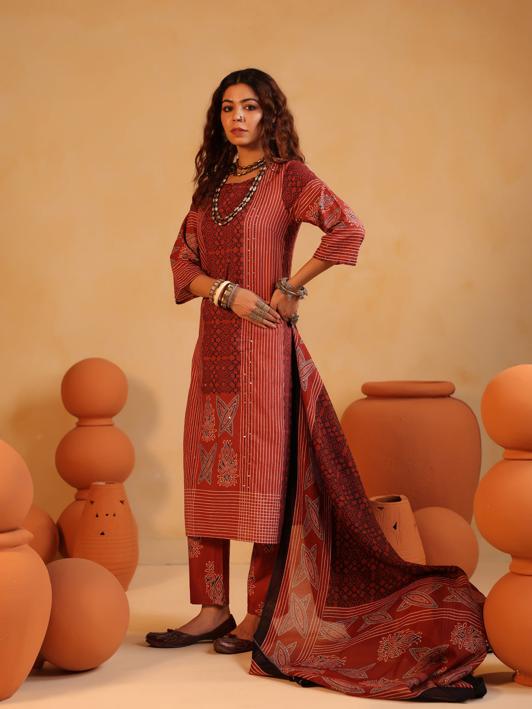 Basant Raag | Terracotta Ajrakh Cotton Suit Set