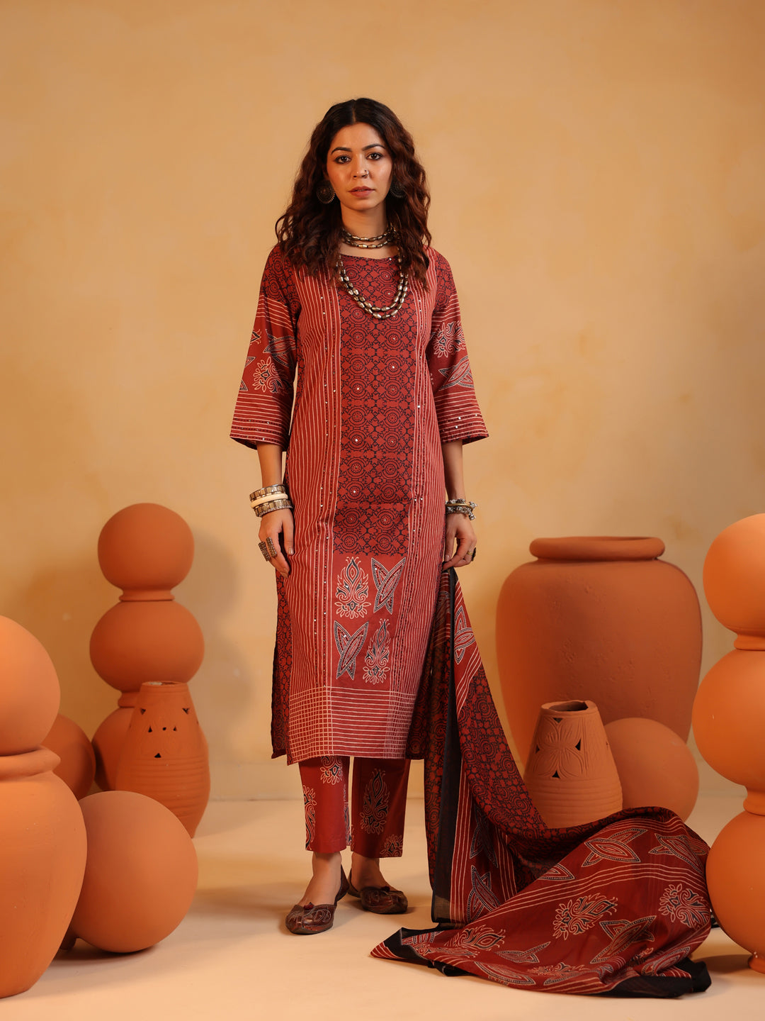 Basant Raag | Terracotta Ajrakh Cotton Suit Set
