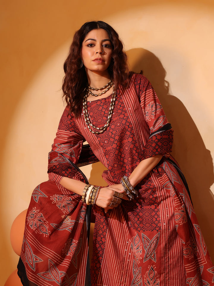 Basant Raag | Terracotta Ajrakh Cotton Suit Set