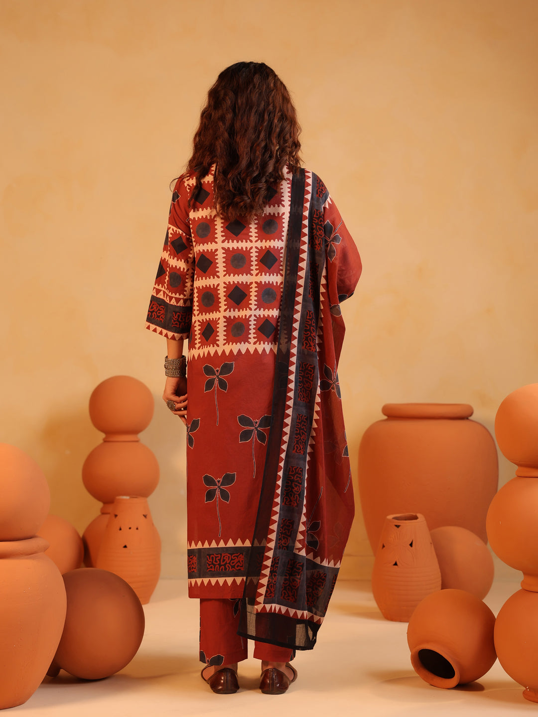 Surkh Gul | Rust Ajrakh Cotton Suit Set