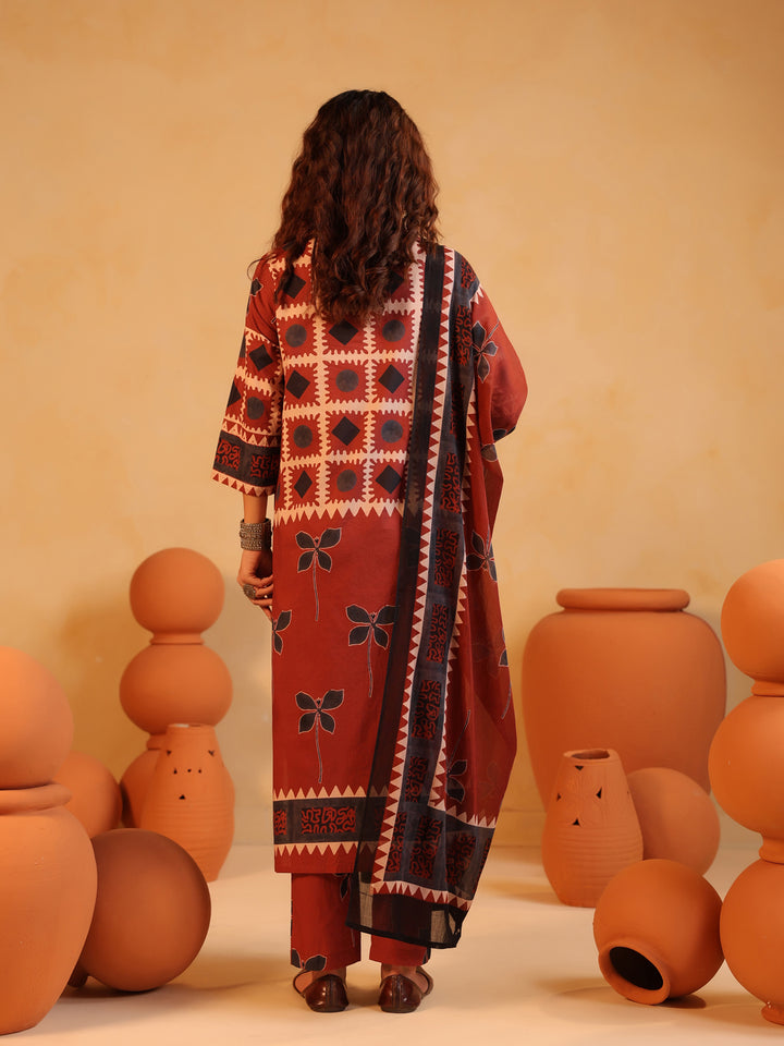 Surkh Gul | Rust Ajrakh Cotton Suit Set