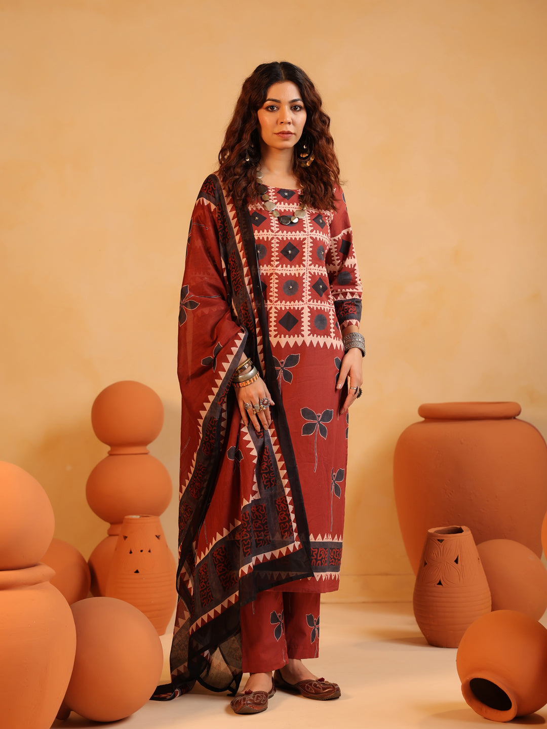 Surkh Gul | Rust Ajrakh Cotton Suit Set