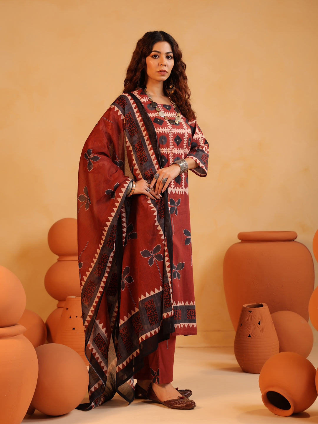 Surkh Gul | Rust Ajrakh Cotton Suit Set