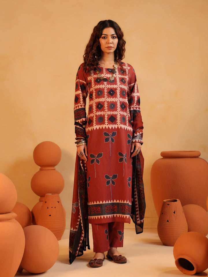 Surkh Gul | Rust Ajrakh Cotton Suit Set