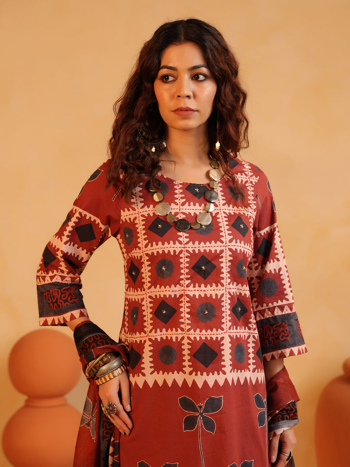Surkh Gul | Rust Ajrakh Cotton Suit Set