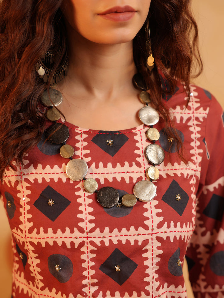 Surkh Gul | Rust Ajrakh Cotton Suit Set
