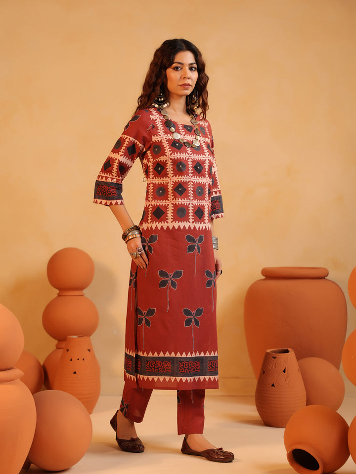 Surkh Gul | Rust Ajrakh Cotton Suit Set