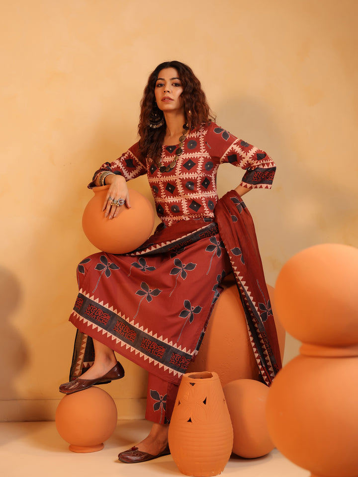 Surkh Gul | Rust Ajrakh Cotton Suit Set