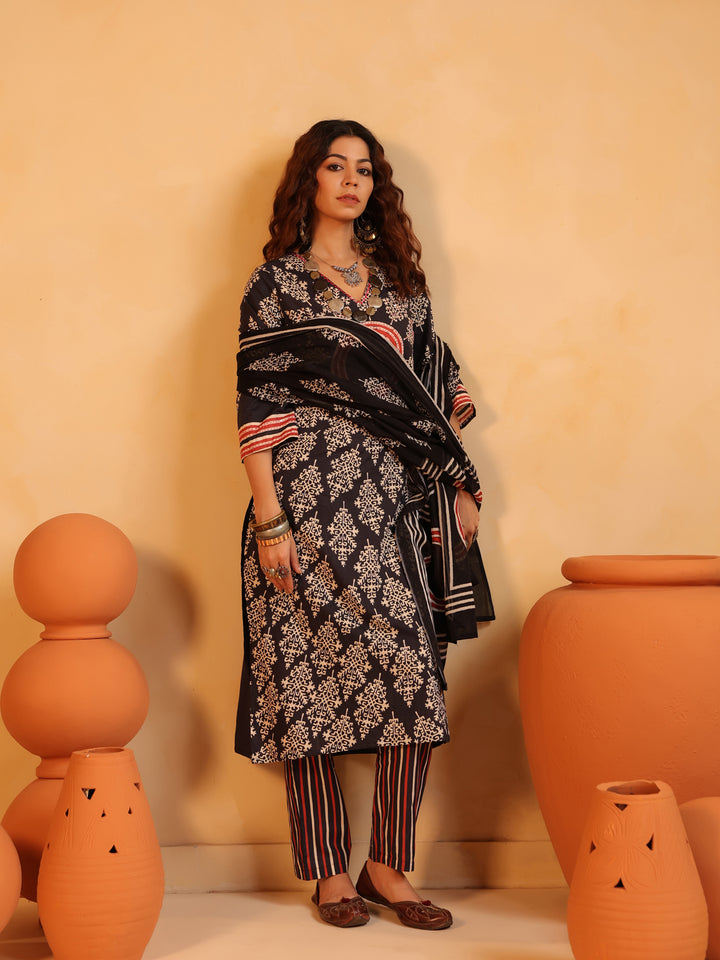 Surajkund Noir | Black Ajrakh Cotton Suit Set