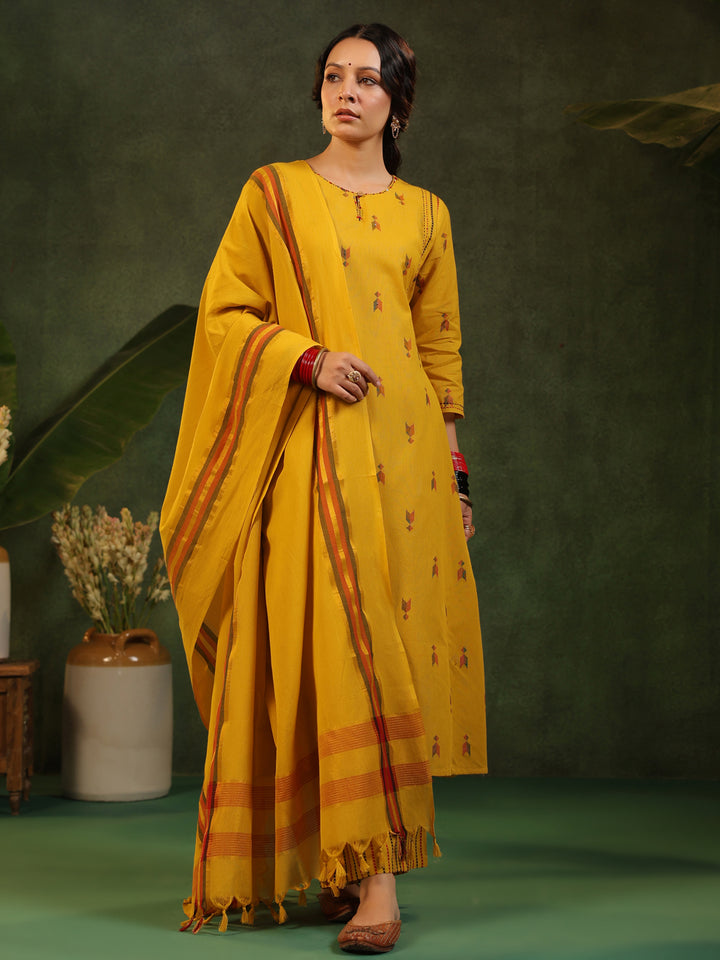 Gauri - Yellow Handloom A-line Suit Set