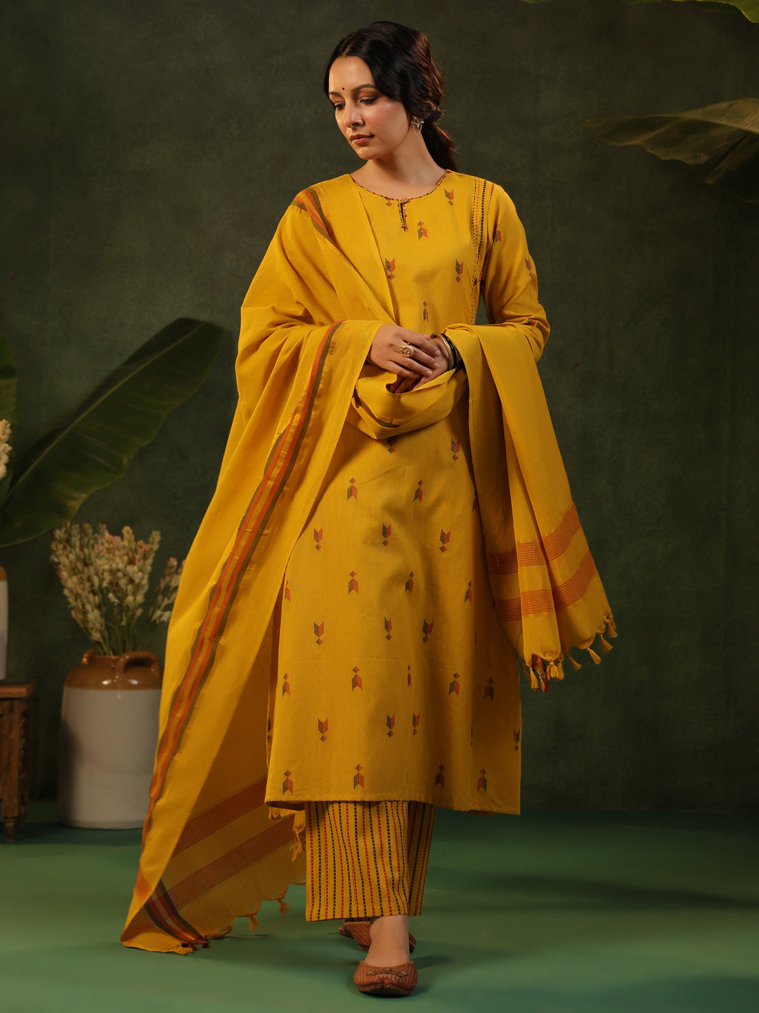 Gauri - Yellow Handloom A-line Suit Set