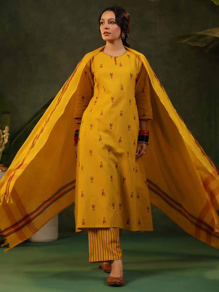 Gauri - Yellow Handloom A-line Suit Set