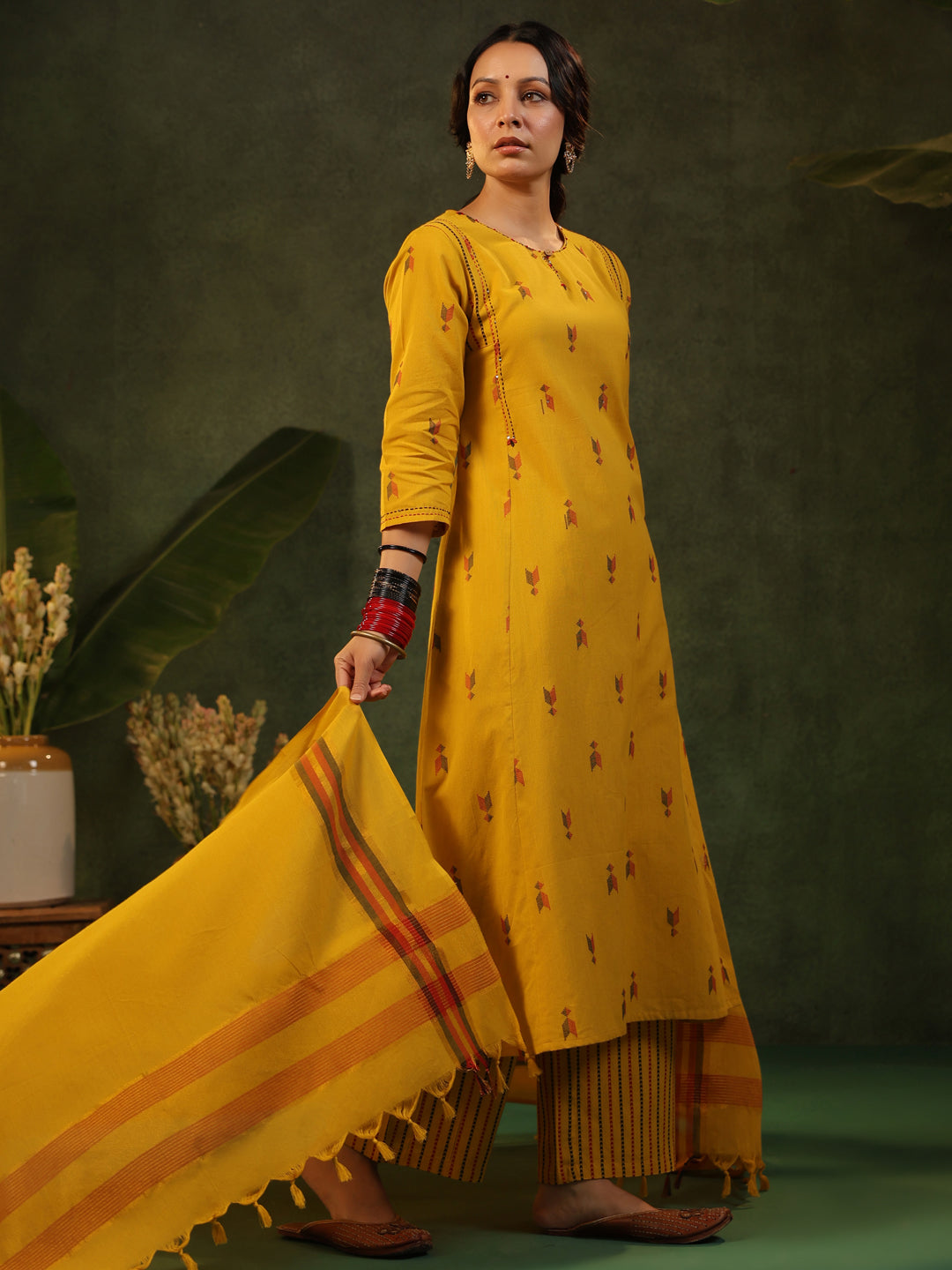 Gauri - Yellow Handloom A-line Suit Set
