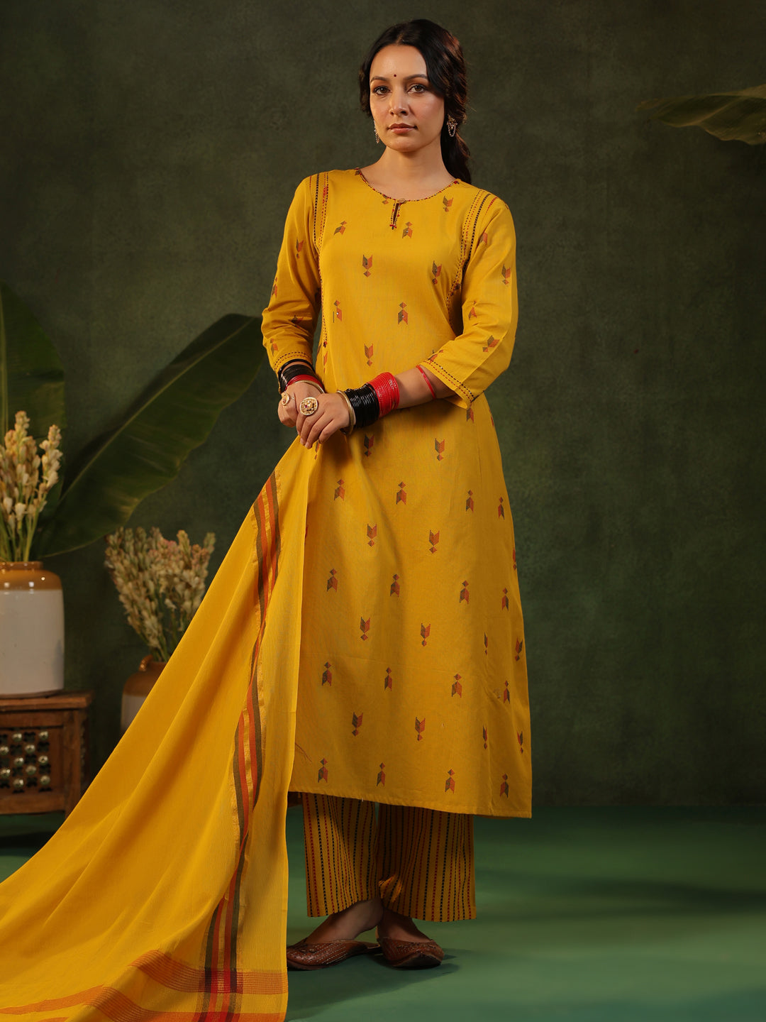 Gauri - Yellow Handloom A-line Suit Set