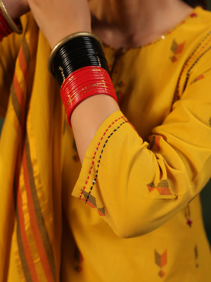 Gauri - Yellow Handloom A-line Suit Set