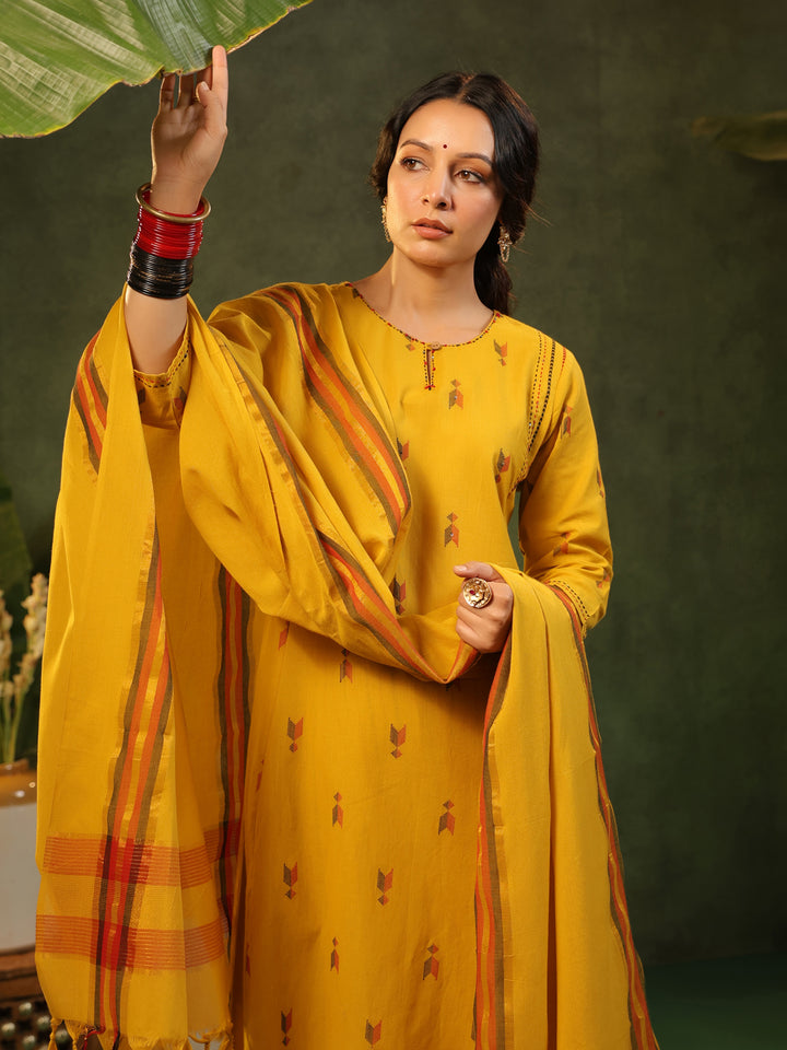 Gauri - Yellow Handloom A-line Suit Set