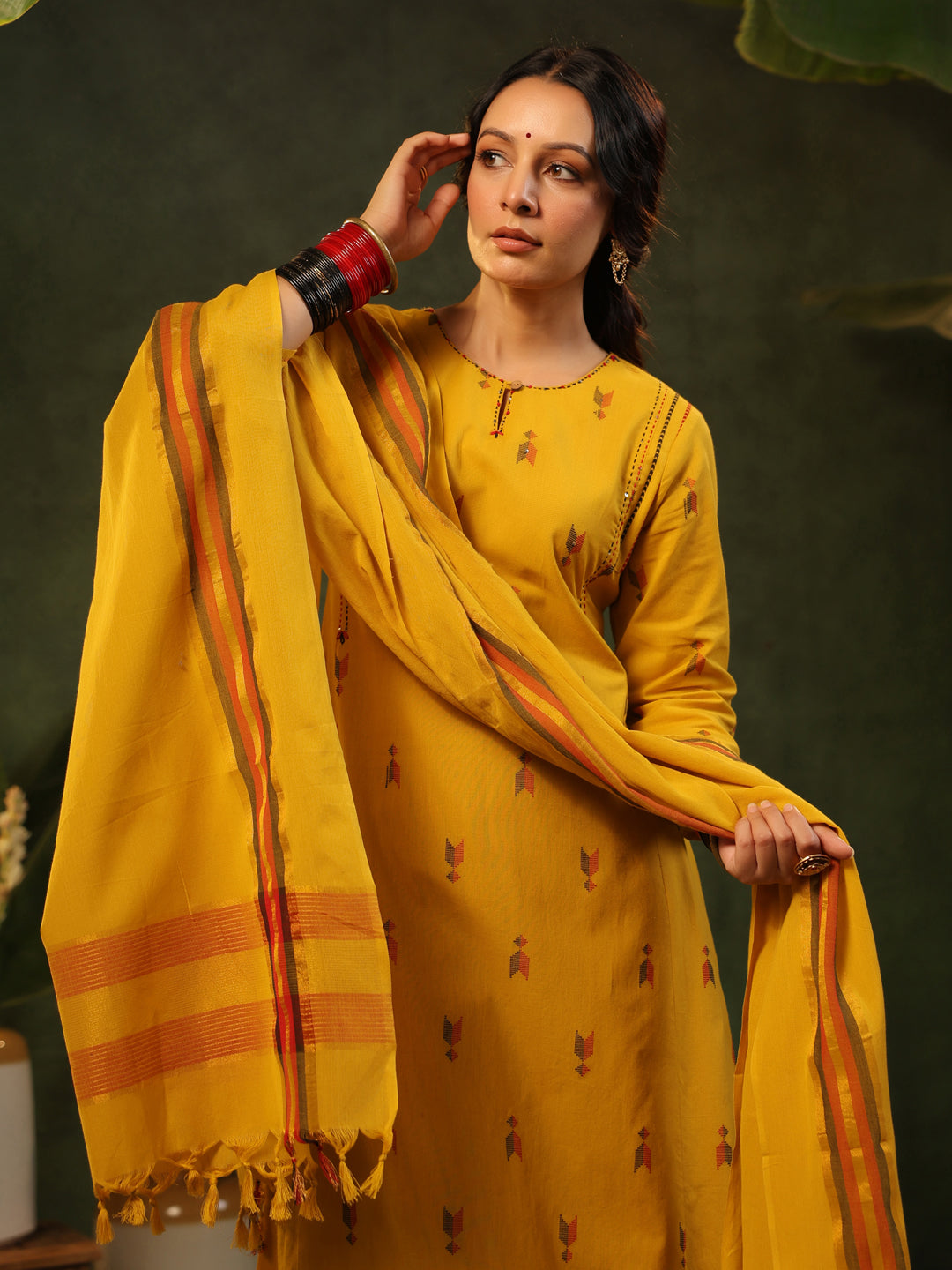 Gauri - Yellow Handloom A-line Suit Set