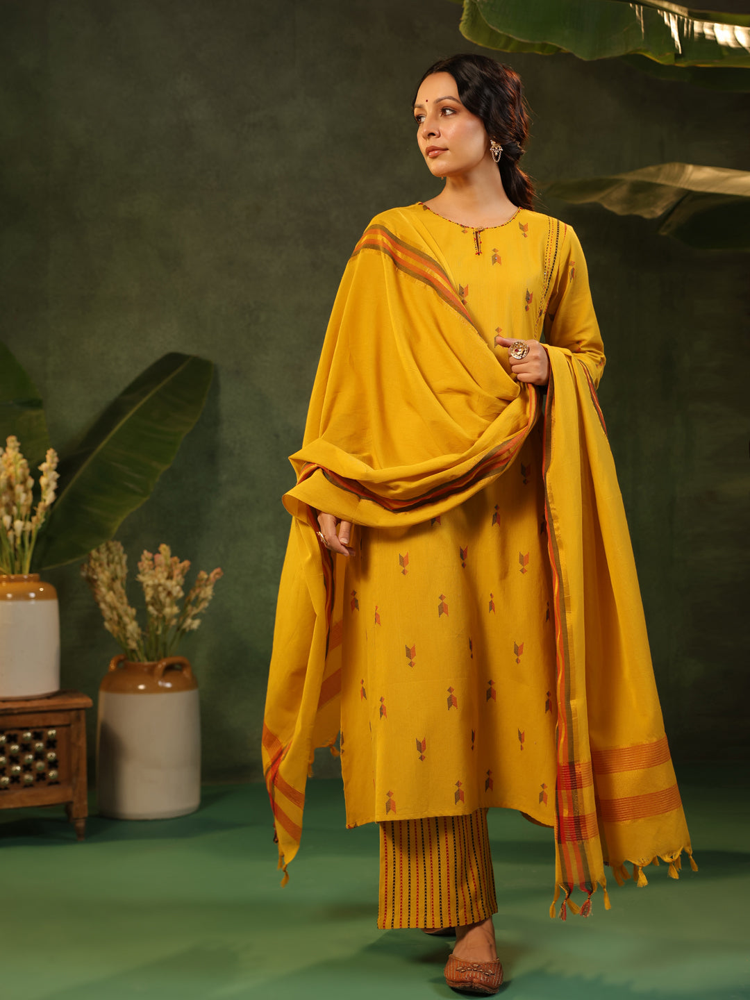 Gauri - Yellow Handloom A-line Suit Set