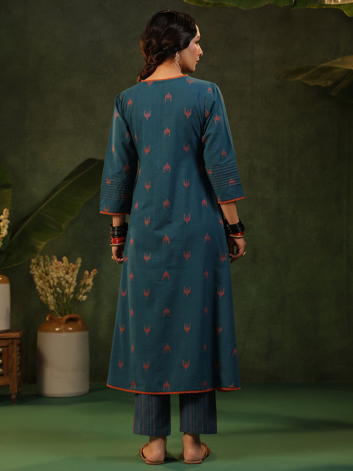 Indu - Teal Blue Handloom suit set