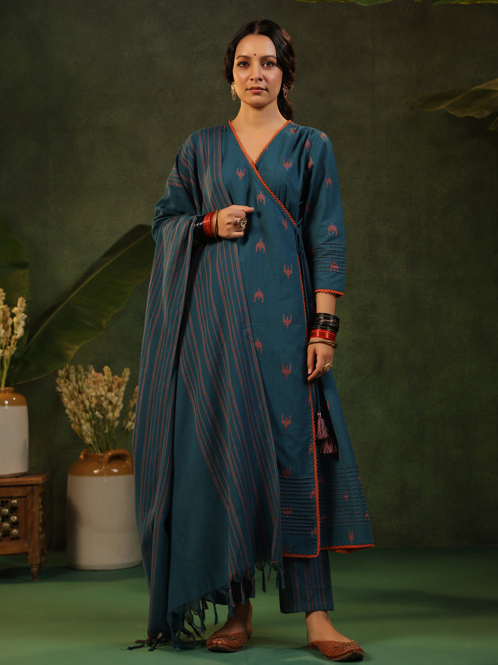Indu - Teal Blue Handloom suit set