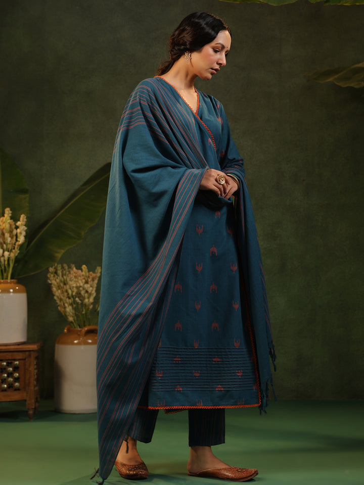 Indu - Teal Blue Handloom suit set