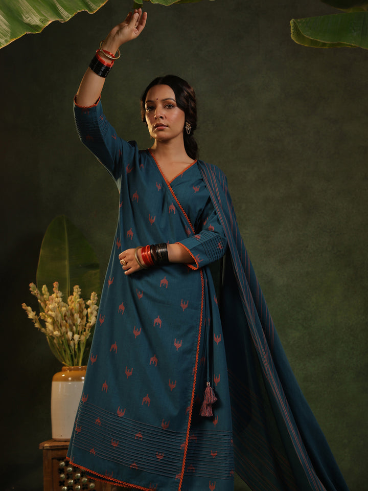 Indu - Teal Blue Handloom suit set