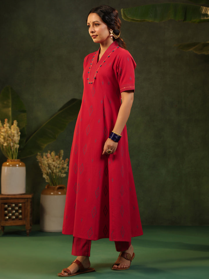 Kalki - Red Handloom Suit Set