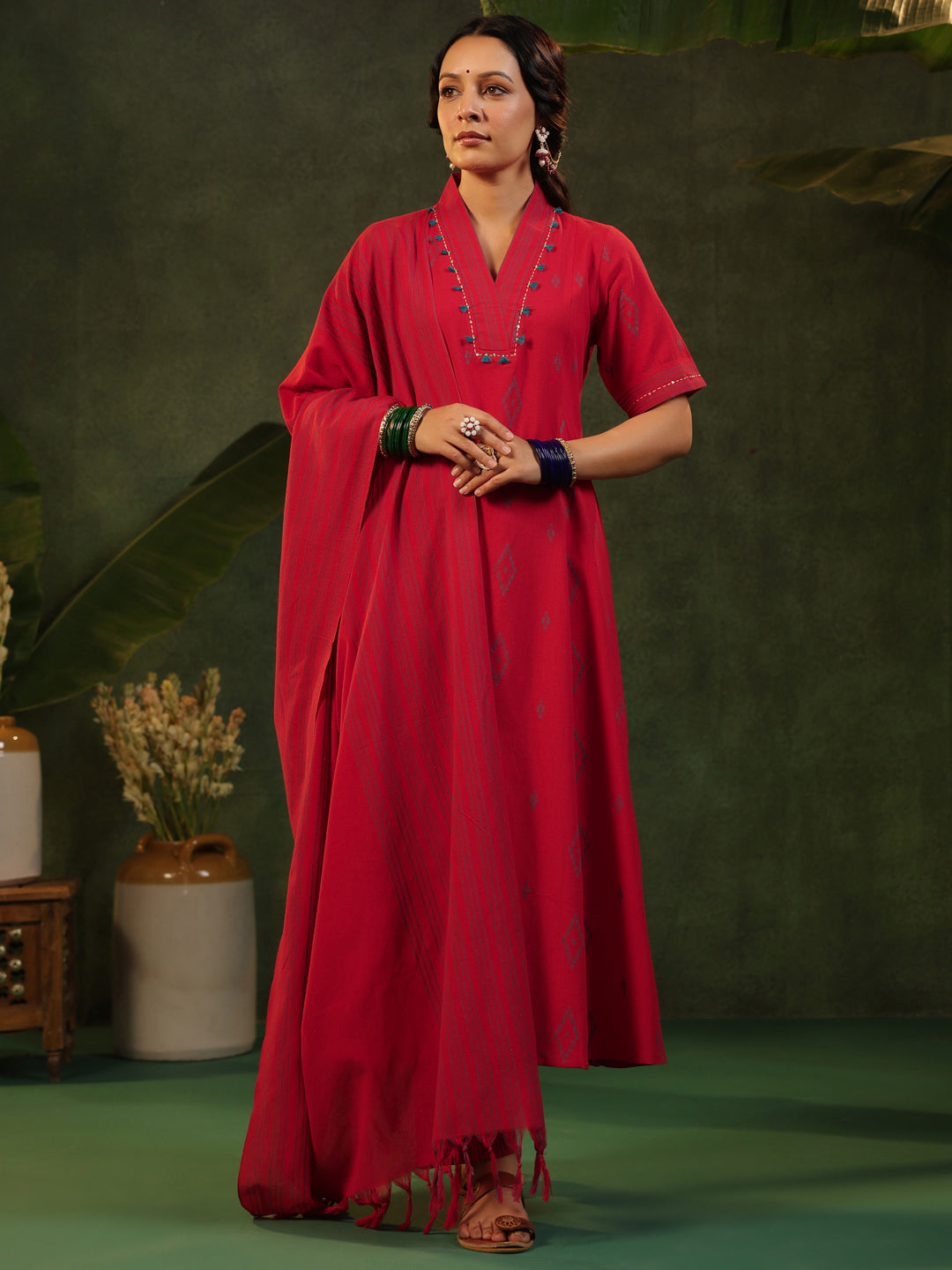 Kalki - Red Handloom Suit Set