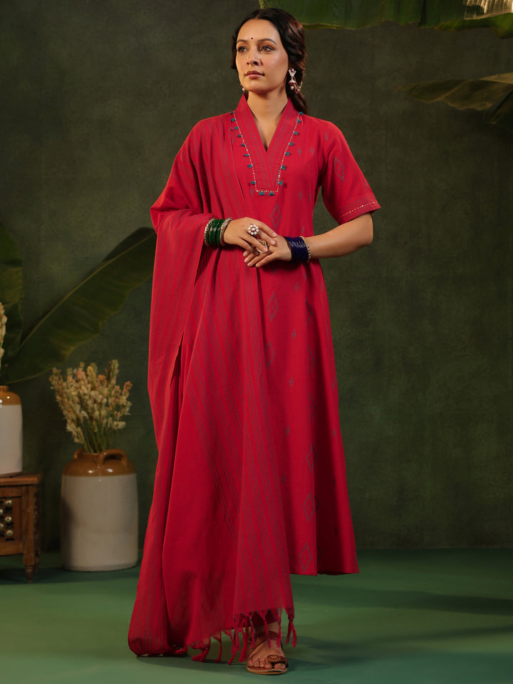Kalki - Red Handloom Suit Set