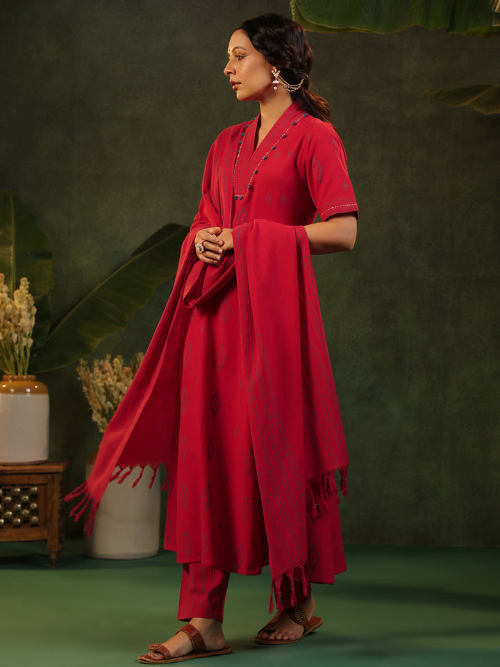 Kalki - Red Handloom Suit Set