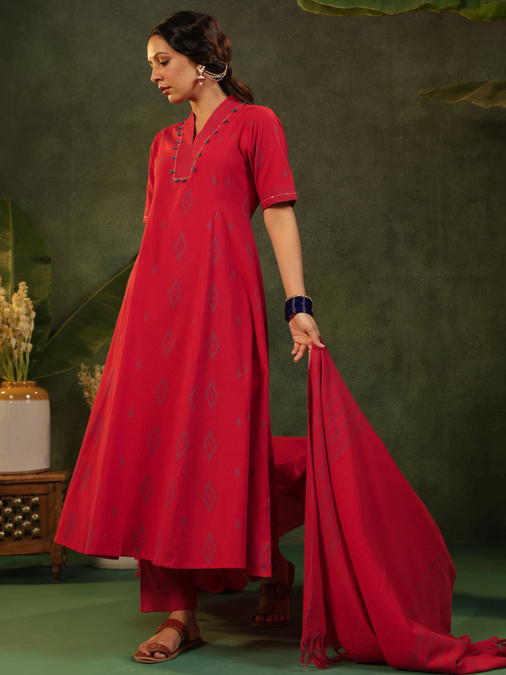 Kalki - Red Handloom Suit Set