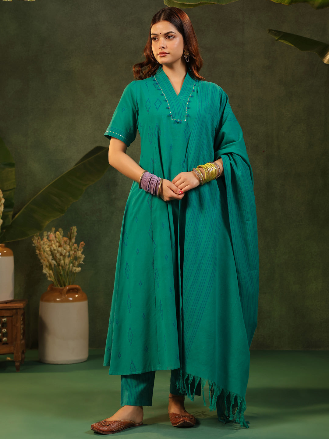 Naveli - Teal Green Handloom suit set