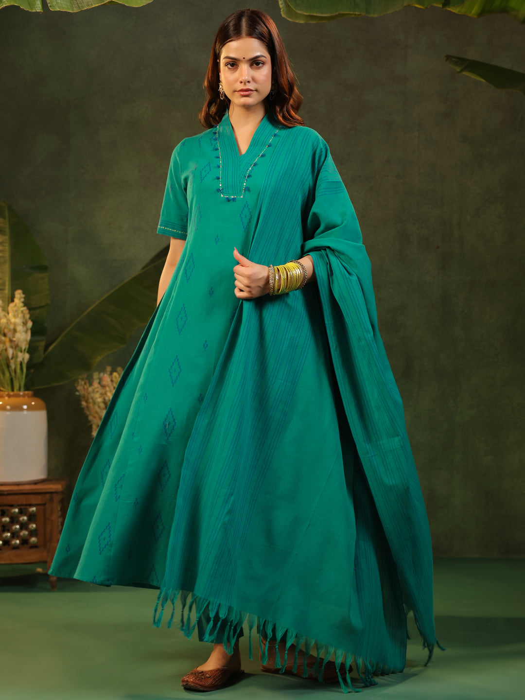 Naveli - Teal Green Handloom suit set