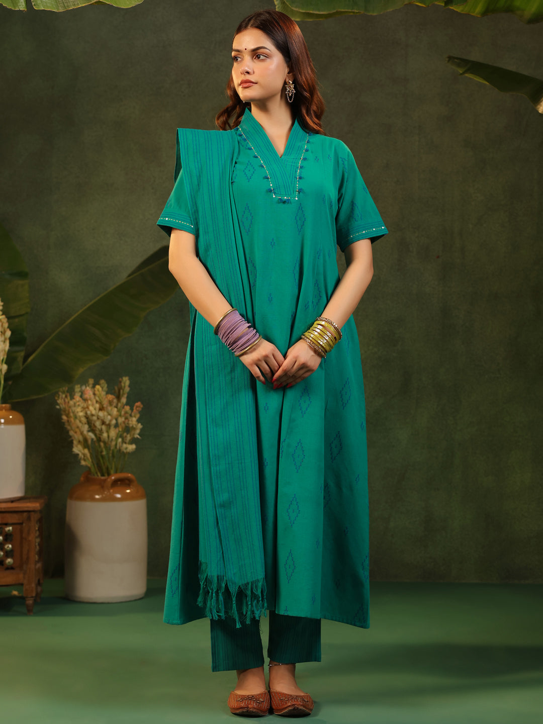 Naveli - Teal Green Handloom suit set