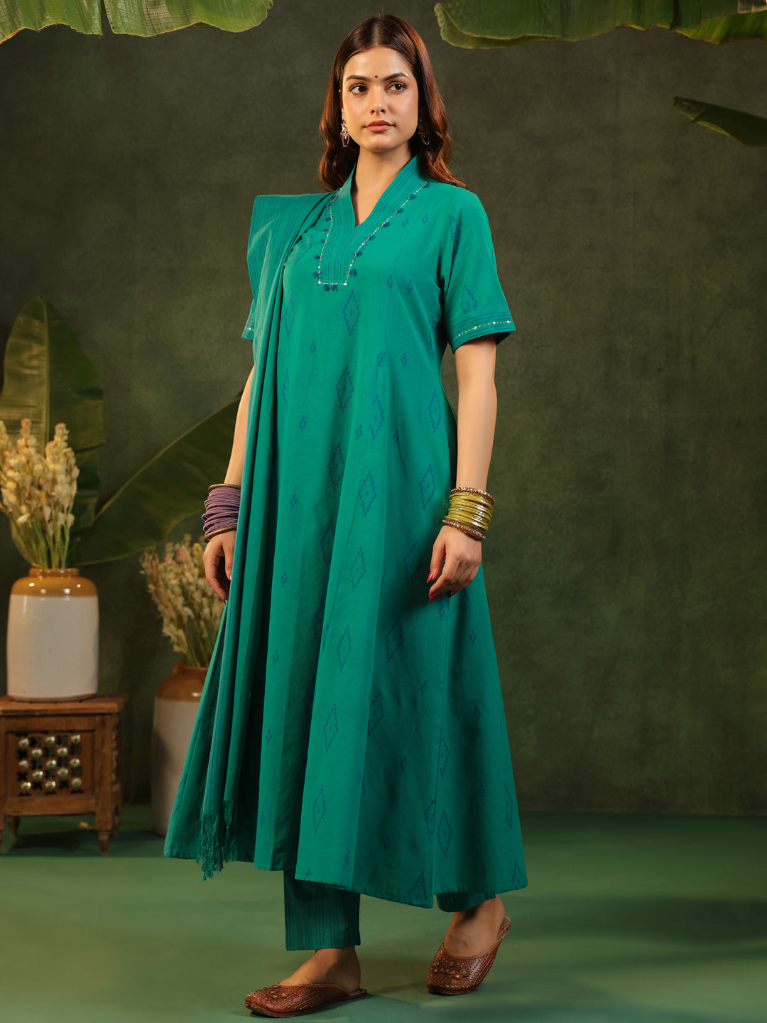 Naveli - Teal Green Handloom suit set