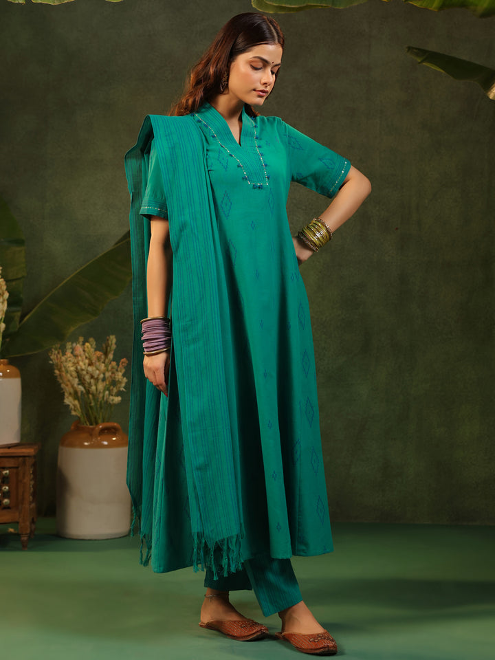 Naveli - Teal Green Handloom suit set